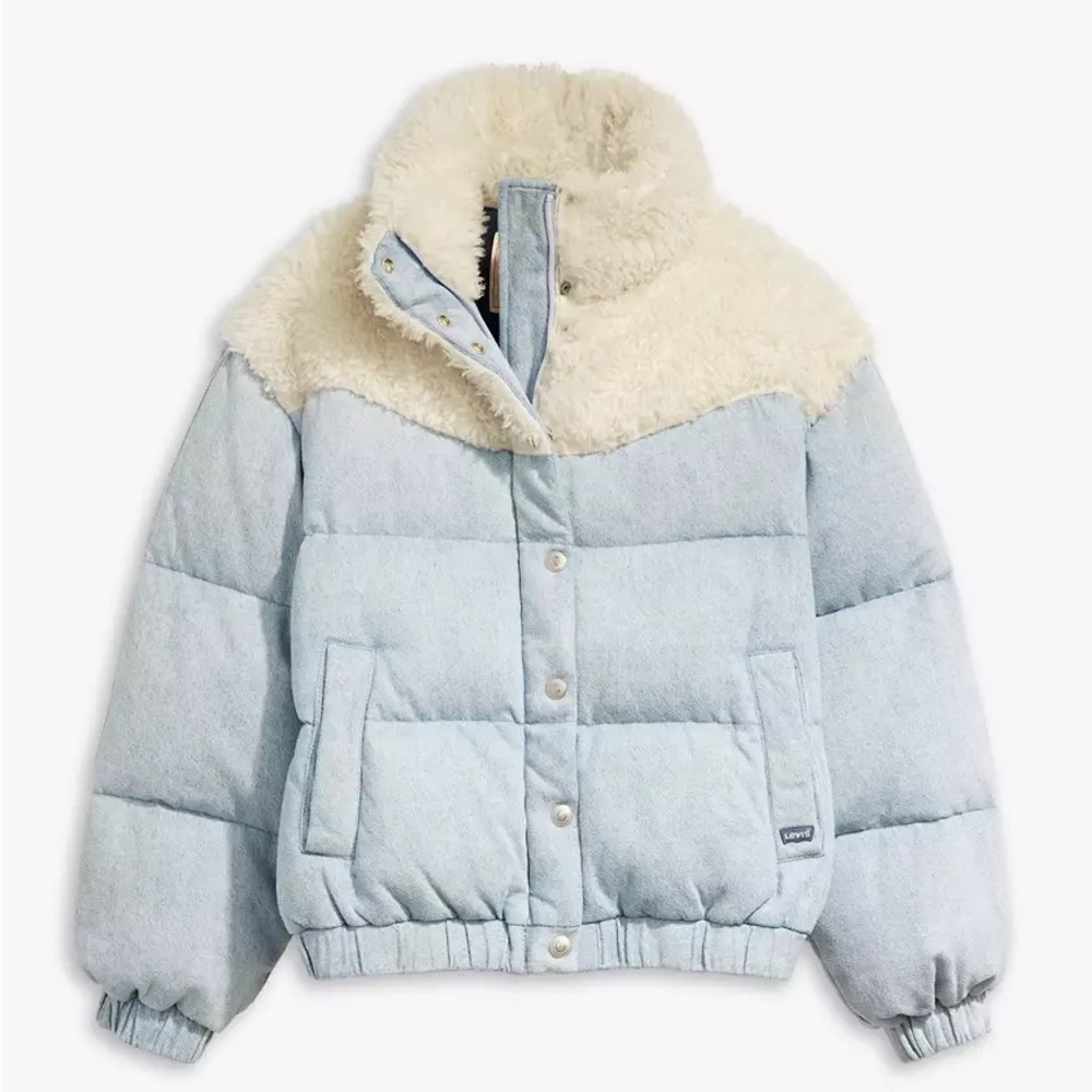 Levi’s Juno Western Down Crop Chambray Sherpa Puffer Light Denim Coat Sz XS - Picture 13 of 16
